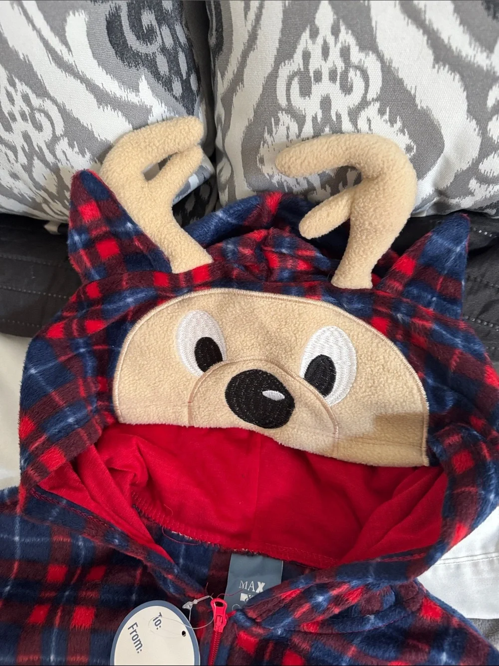 Kids Plush Red & Navy Plaid deer hooded-Footie Christmas Halloween PJ xl